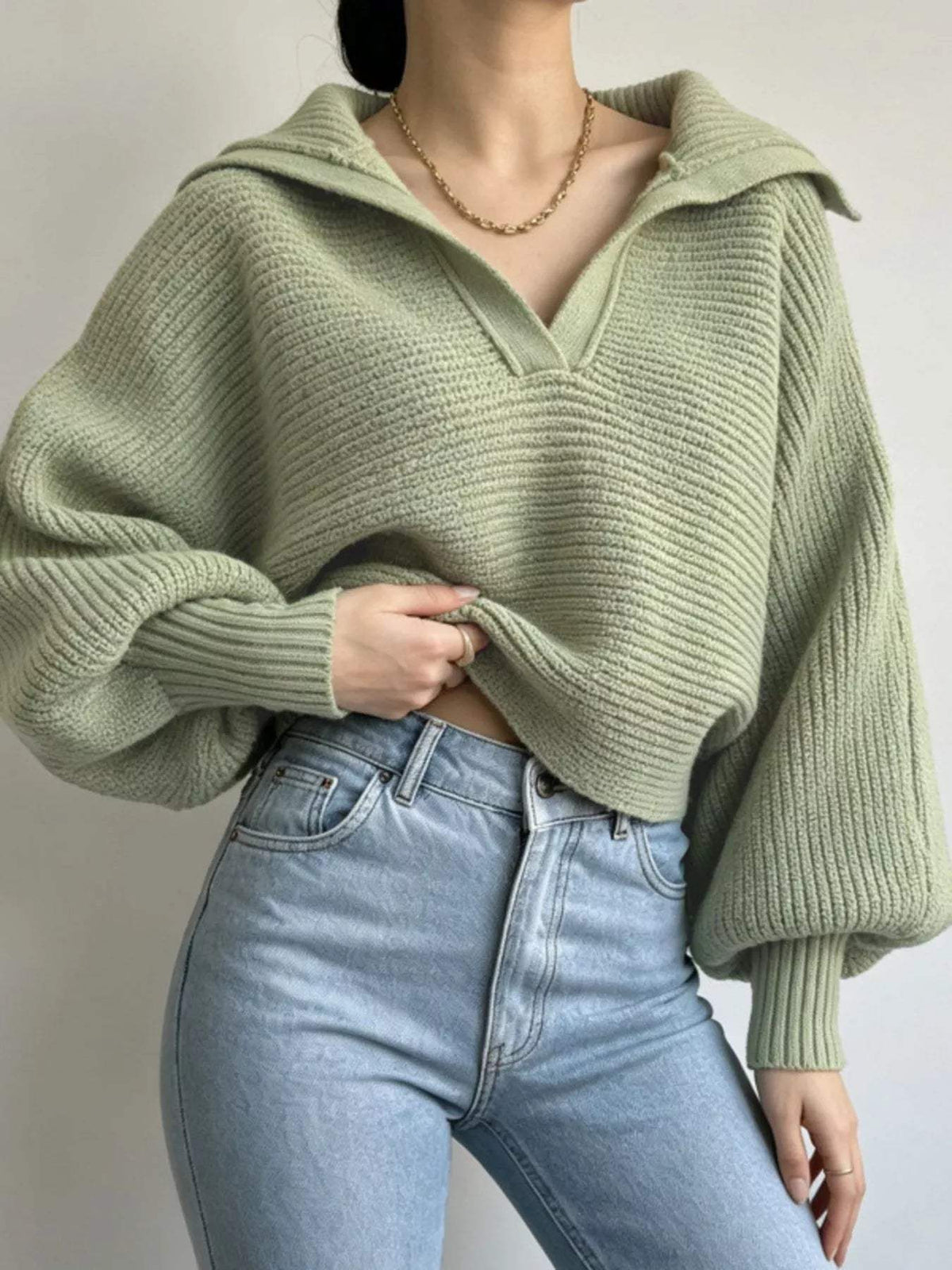Oversized Collar Ribbed Cropped Sweater - Trendsi - Flyclothing LLC