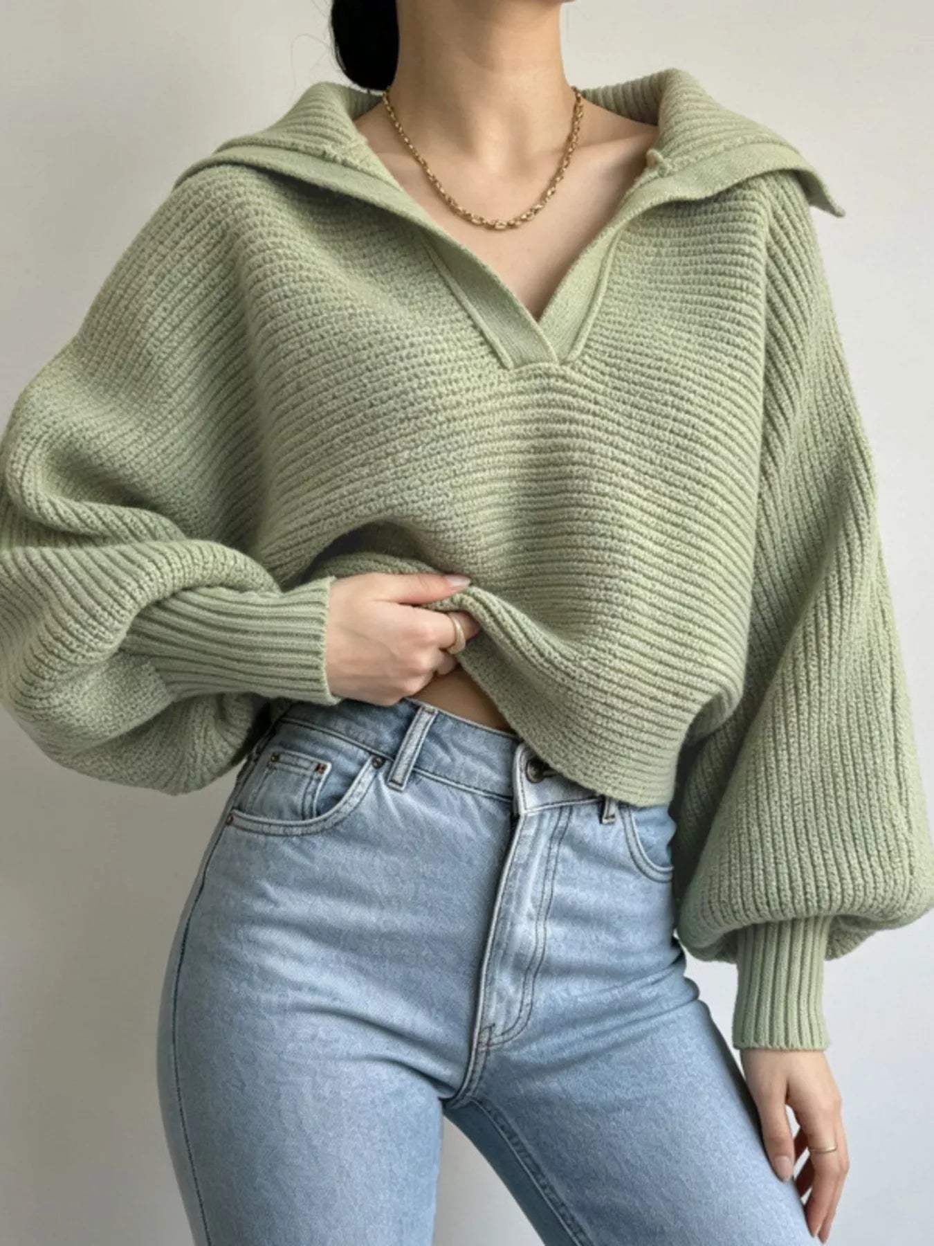 Oversized Collar Ribbed Cropped Sweater - Trendsi - Flyclothing LLC