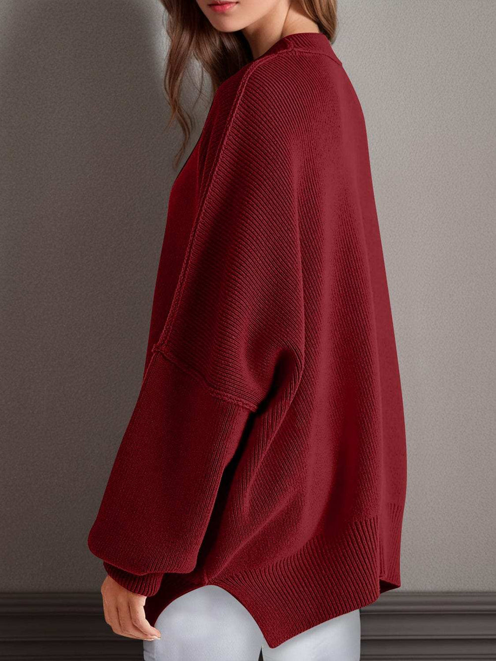 Double Take Side Slit Round Neck Long Sleeve Sweater - Trendsi - Flyclothing LLC