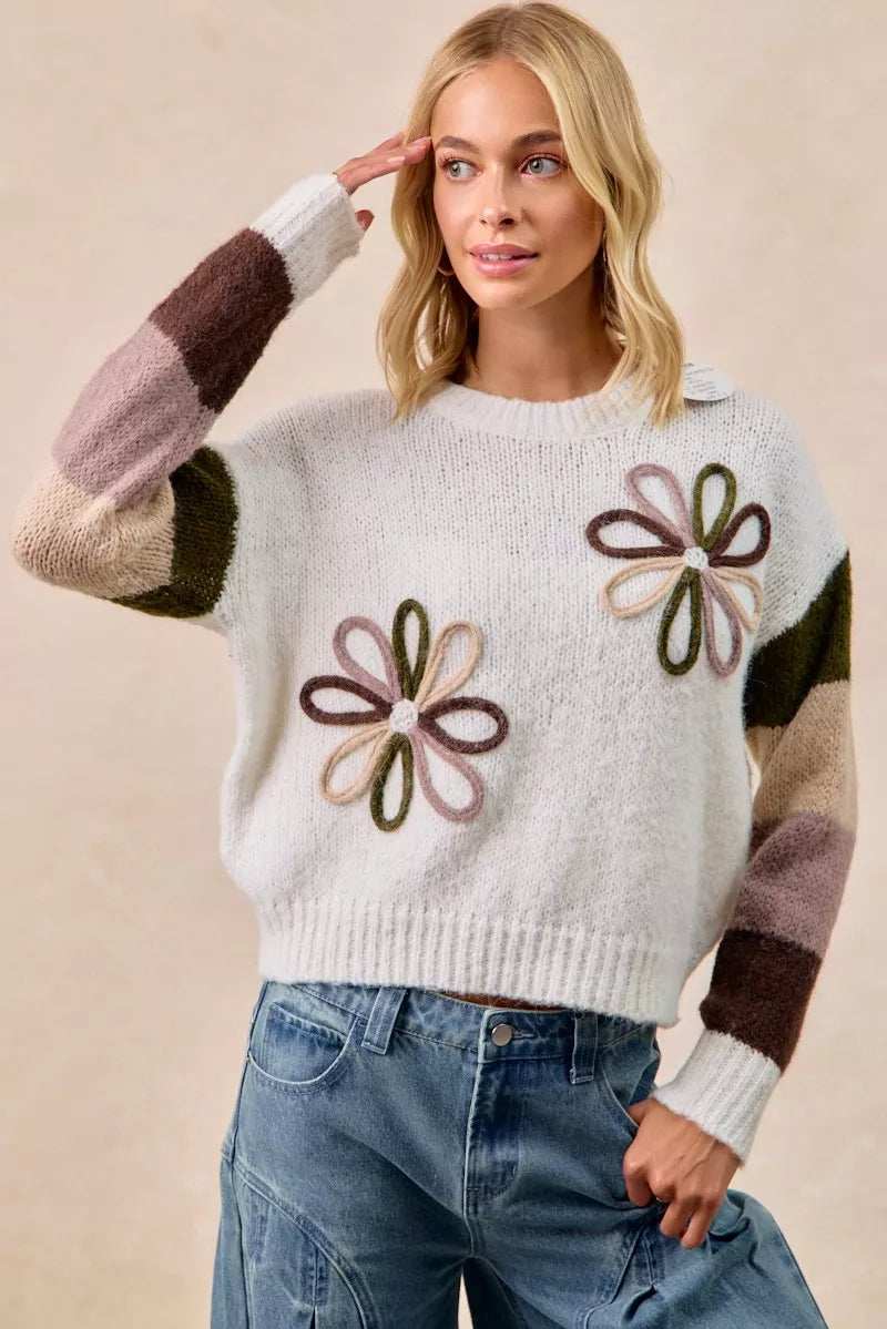 BiBi Flower Color Block Sweater - Trendsi - Flyclothing LLC