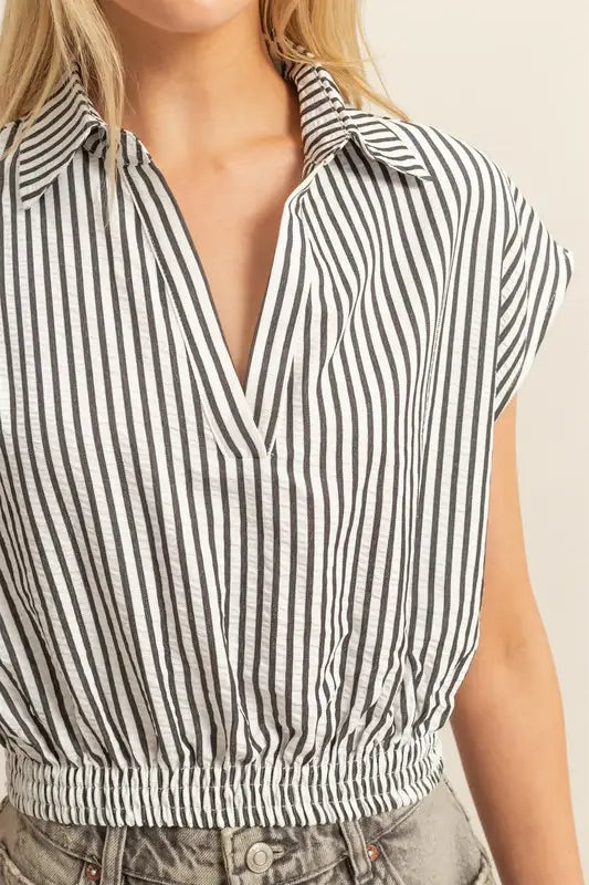 HYFVE Striped Elastic Hem Johnny Collar Cap Sleeve Blouse - Trendsi - Flyclothing LLC