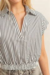 HYFVE Striped Elastic Hem Johnny Collar Cap Sleeve Blouse - Trendsi - Flyclothing LLC