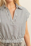 HYFVE Striped Elastic Hem Johnny Collar Cap Sleeve Blouse - Trendsi