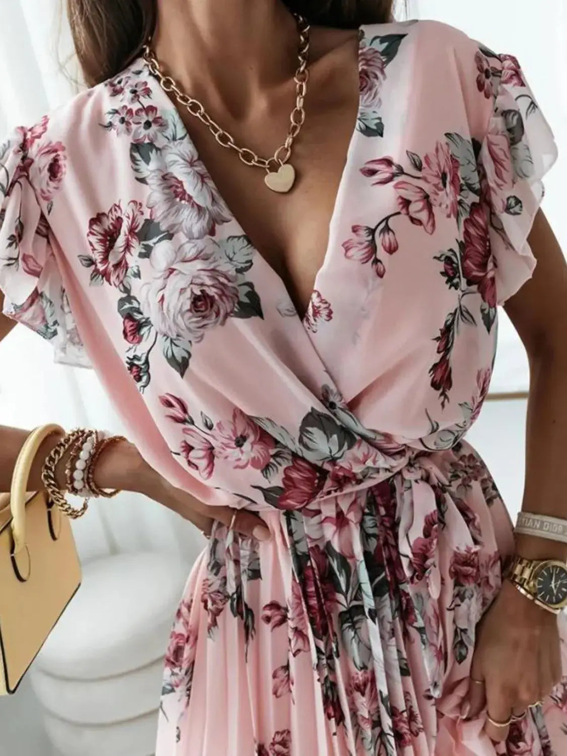 Floral Surplice Ruffled Cap Sleeve Dress - Trendsi - Flyclothing LLC