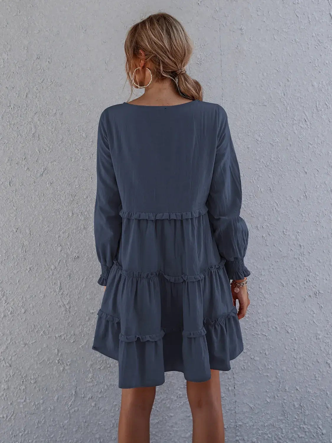 Frill Tiered Long Sleeve Mini Dress - Trendsi - Flyclothing LLC