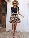 Tied Front Contrast Leopard Short Sleeve Mini Dress - Trendsi