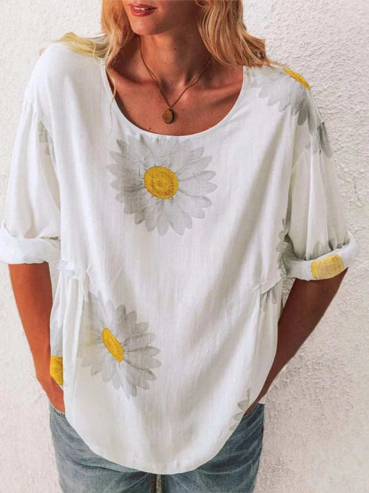Full Size Flower Round Neck Half Sleeve T-Shirt Plus Size - Trendsi - Flyclothing LLC