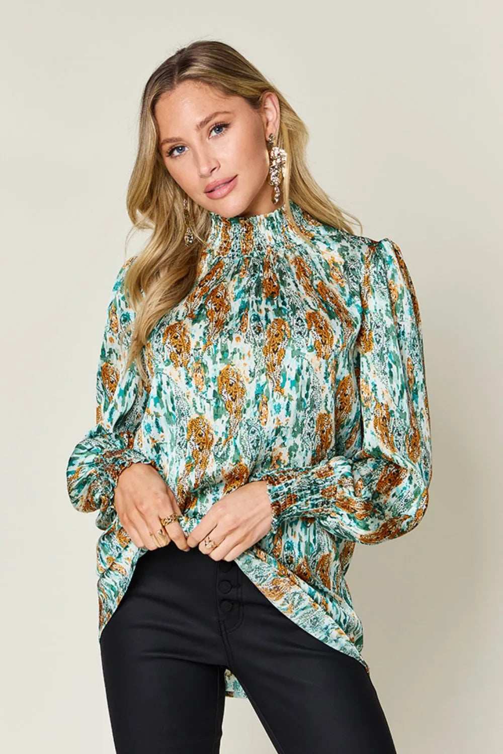 Double Take Full Size Printed Smocked Long Sleeve Blouse - Trendsi - Flyclothing LLC