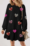 Sequin Heart Round Neck Long Sleeve Mini Dress - Trendsi - Flyclothing LLC