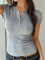Devine Button Detail Short Sleeve T-Shirt - Trendsi - Flyclothing LLC