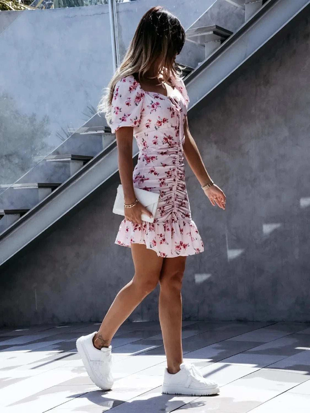 Ruched Floral Sweetheart Neck Mini Dress - Trendsi - Flyclothing LLC