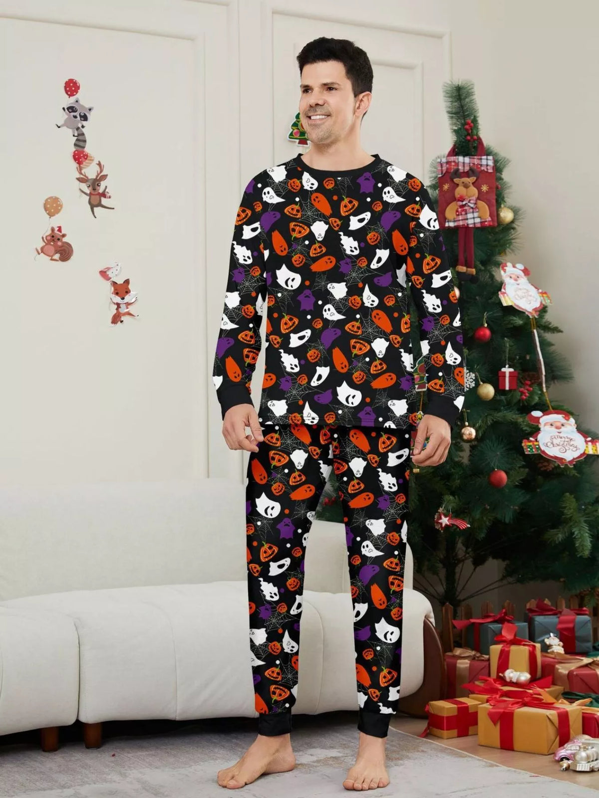 Full Size Halloween Themed Family Matching Pajama Set with Ghost and Pumpkin Print Plus Size - Trendsi - Flyclothing LLC