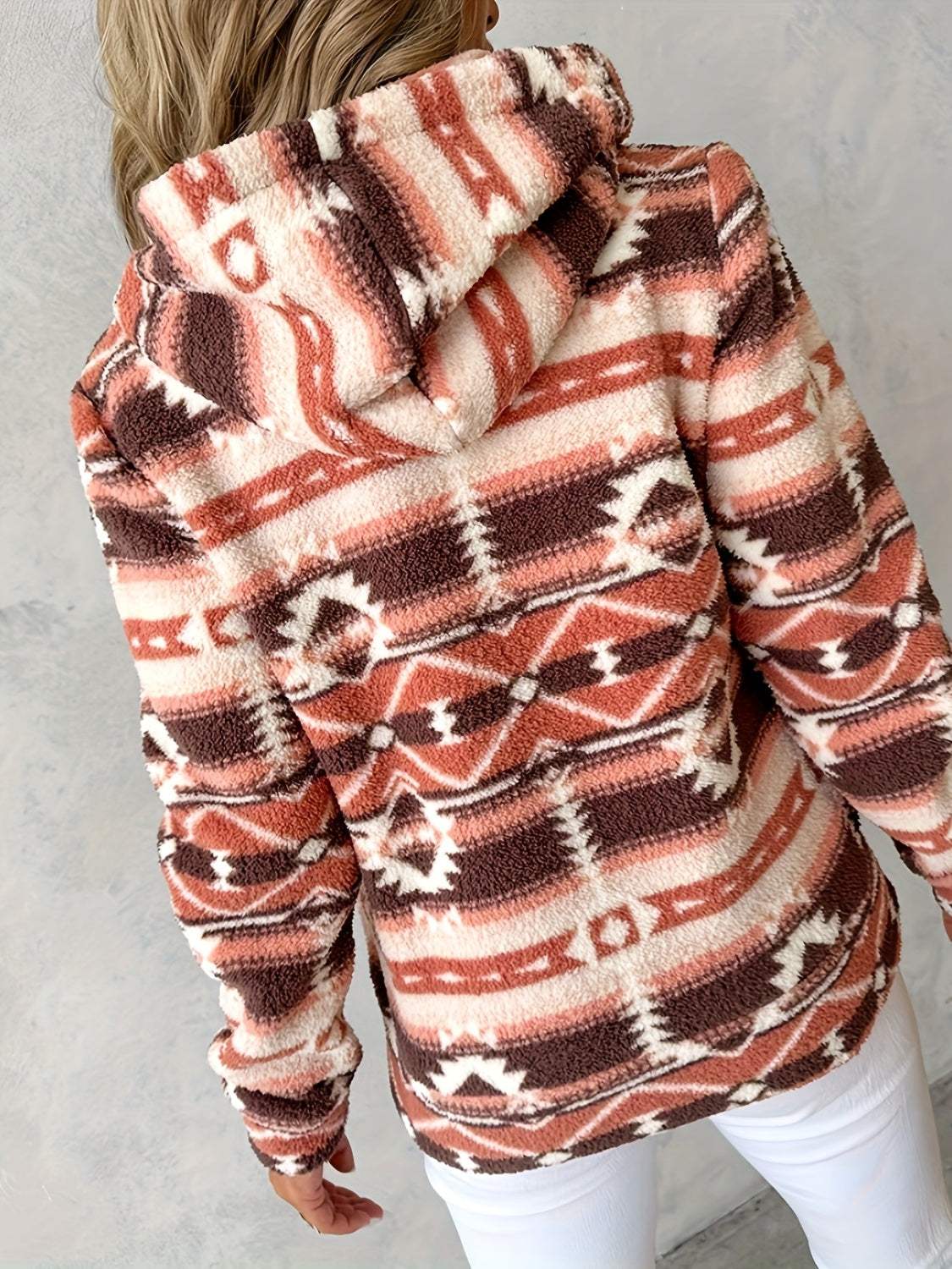 Geometric Zip Up Long Sleeve Hooded Jacket - Trendsi - Flyclothing LLC