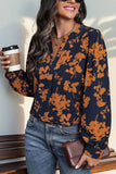 Printed Notched Long Sleeve Blouse - Trendsi