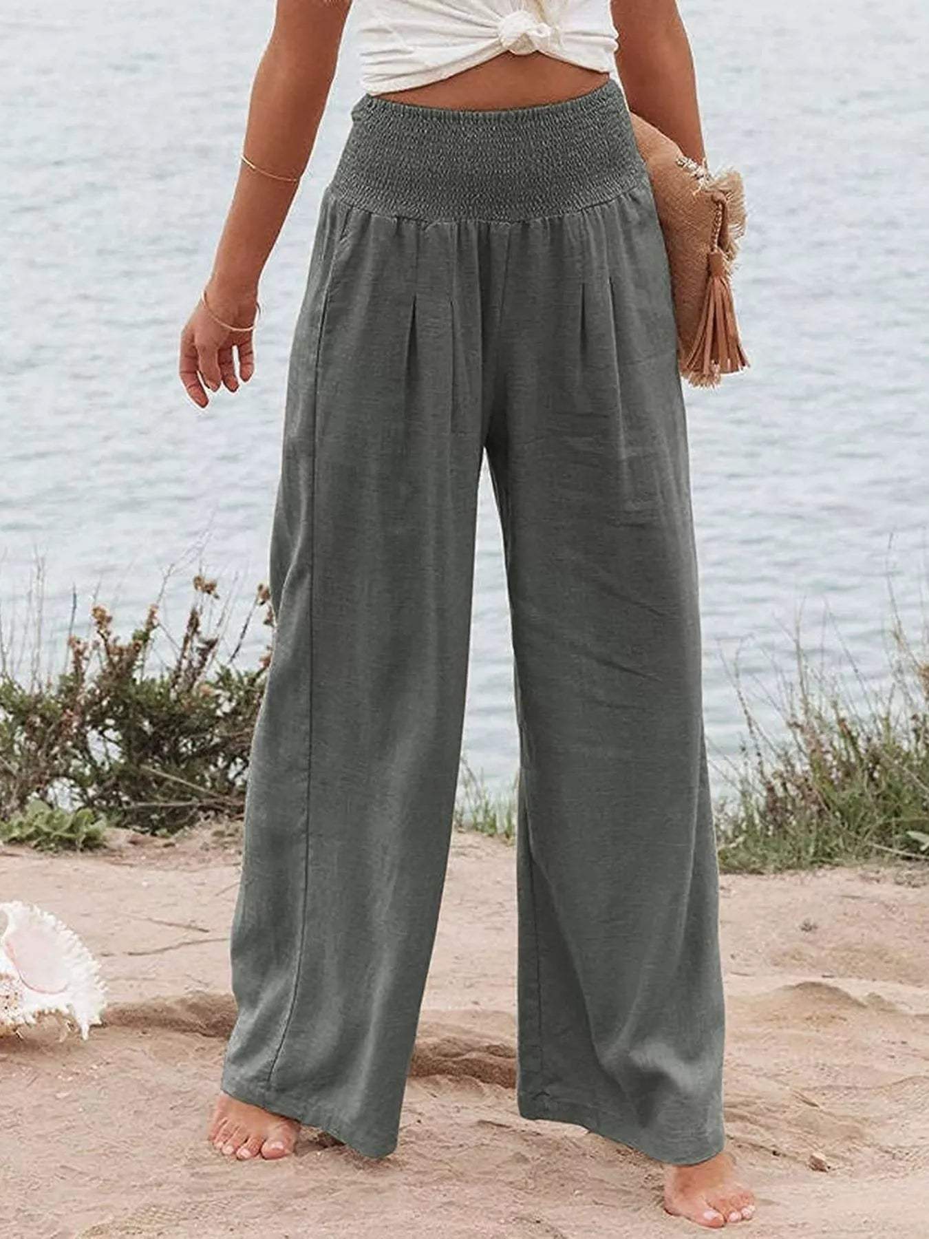 Smocked High Waisted Wide Leg Pants - Trendsi - Flyclothing LLC