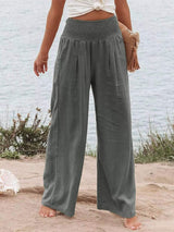 Smocked High Waisted Wide Leg Pants - Trendsi - Flyclothing LLC