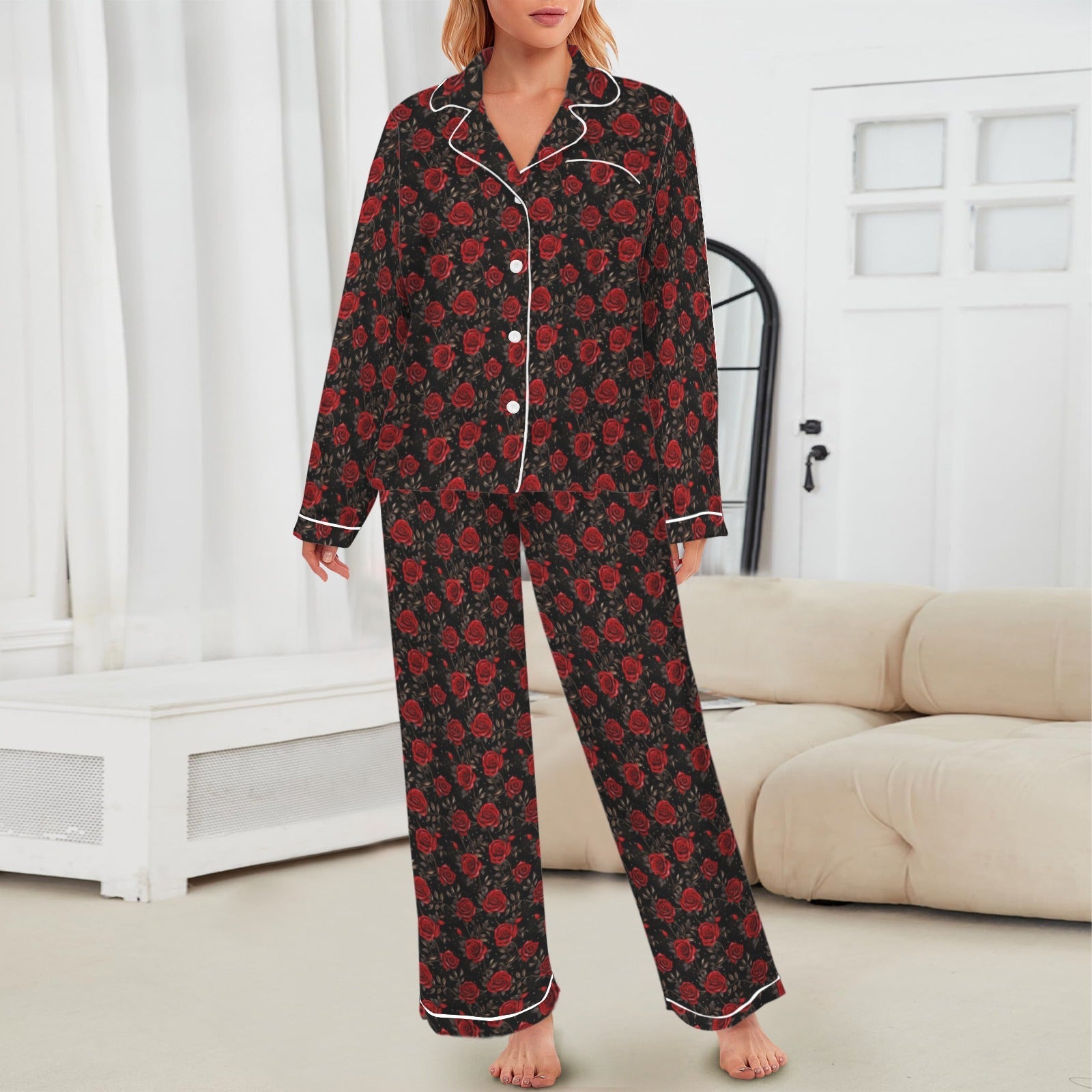 Baha Ranch Colores De Mexico Red Roses Satin Pajama Set
