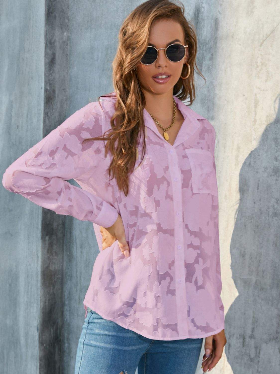 Full Size Collared Neck Long Sleeve Shirt Plus Size - Trendsi - Flyclothing LLC