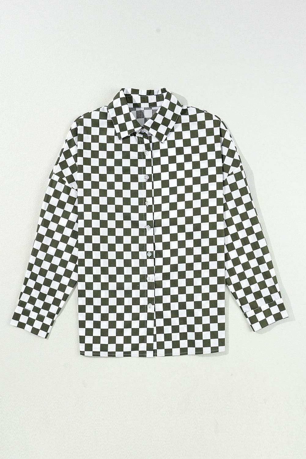 Checkered Collared Neck Long Sleeve Shirt - Trendsi - Flyclothing LLC