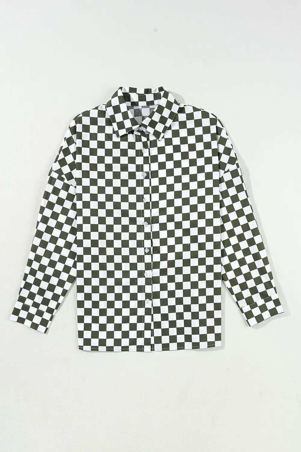 Checkered Collared Neck Long Sleeve Shirt - Trendsi - Flyclothing LLC