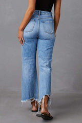 Distressed Raw Hem Jeans with Pockets - Trendsi - Flyclothing LLC