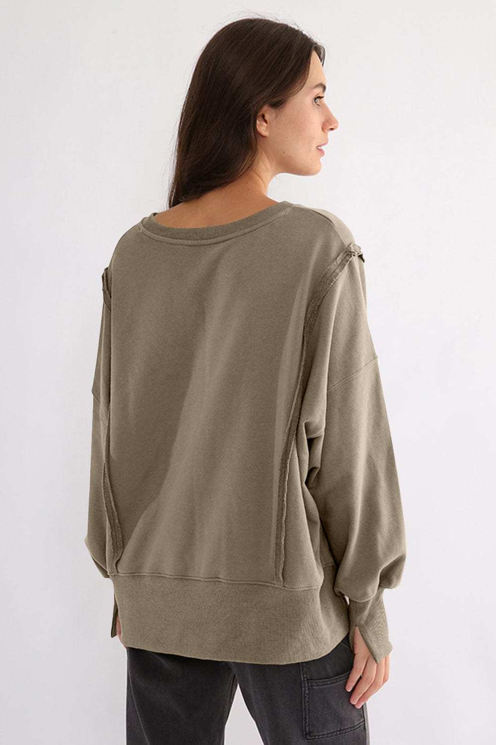 Exposed Seam High-Low Long Sleeve Sweatshirt - Trendsi - Flyclothing LLC