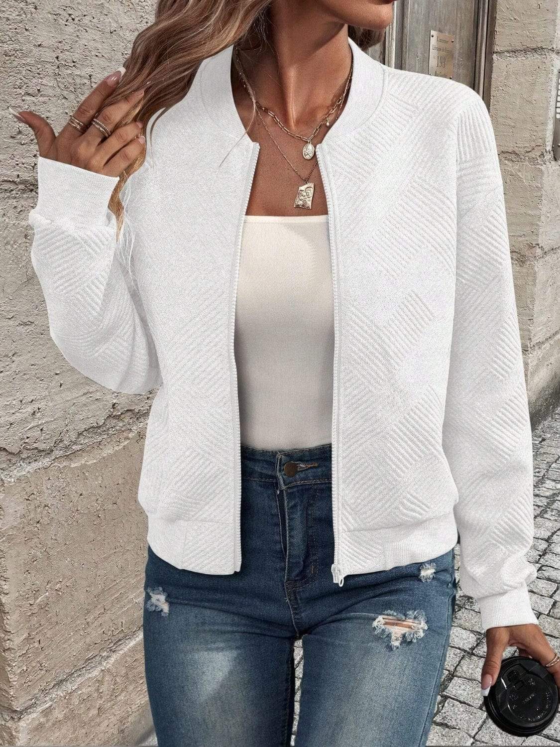 Textured Zip Up Long Sleeve Jacket - Trendsi - Flyclothing LLC