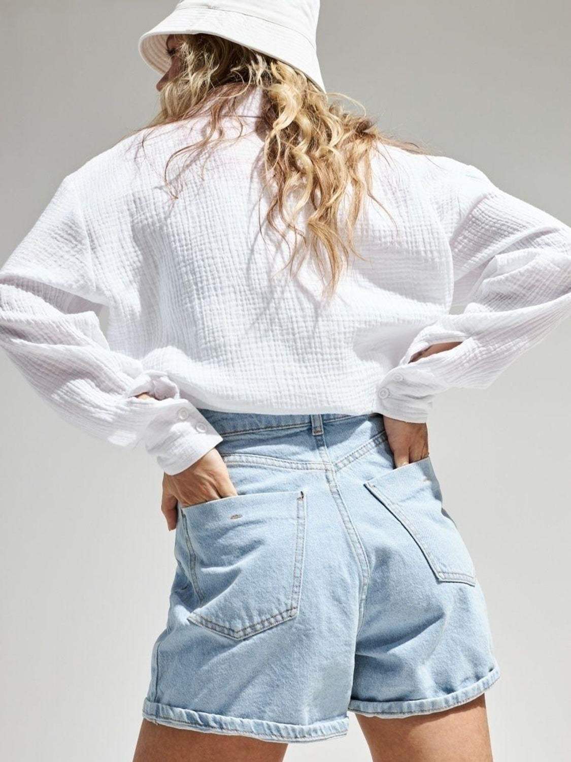 Textured Collared Neck Long Sleeve Shirt - Trendsi - Flyclothing LLC