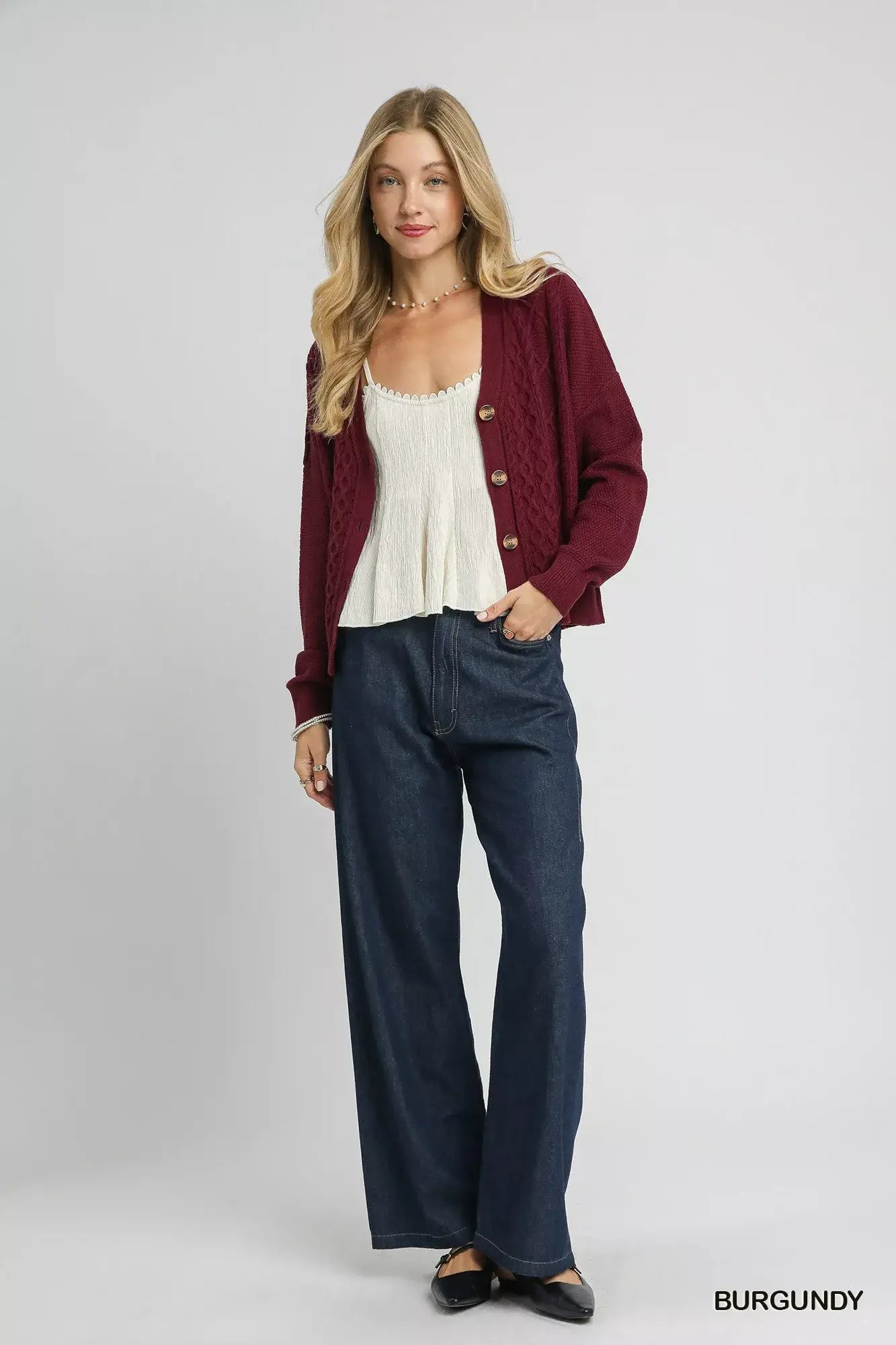 Umgee Chunky Cable Knit V-Neck Button-Up Cardigan - Trendsi - Flyclothing LLC