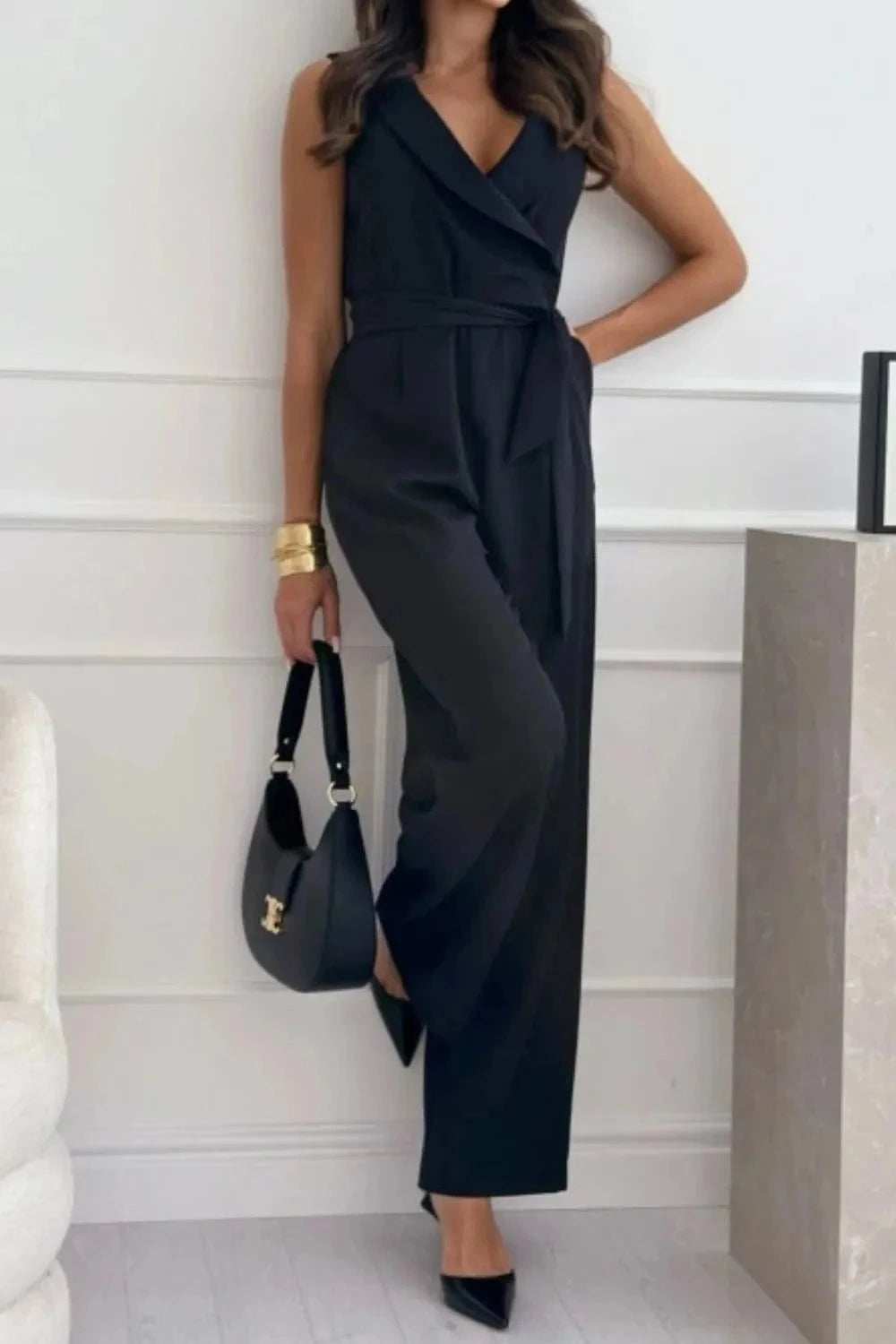 Surplice Sleeveless Wide Leg Jumpsuit - Trendsi - Flyclothing LLC