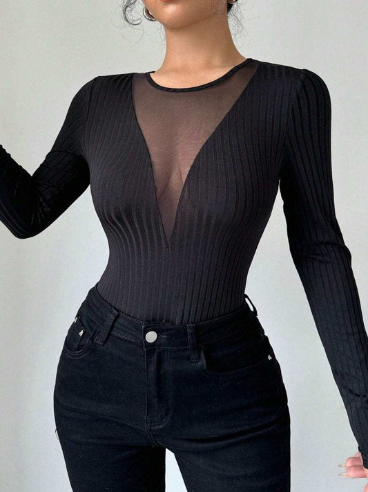 Mesh Detail Round Neck Long Sleeve Top - Trendsi - Flyclothing LLC