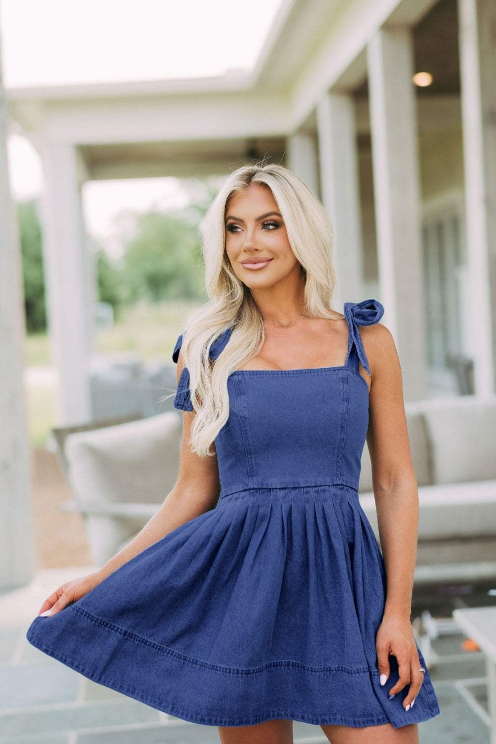 Square Neck Tie Shoulder Denim Dress - Trendsi - Flyclothing LLC