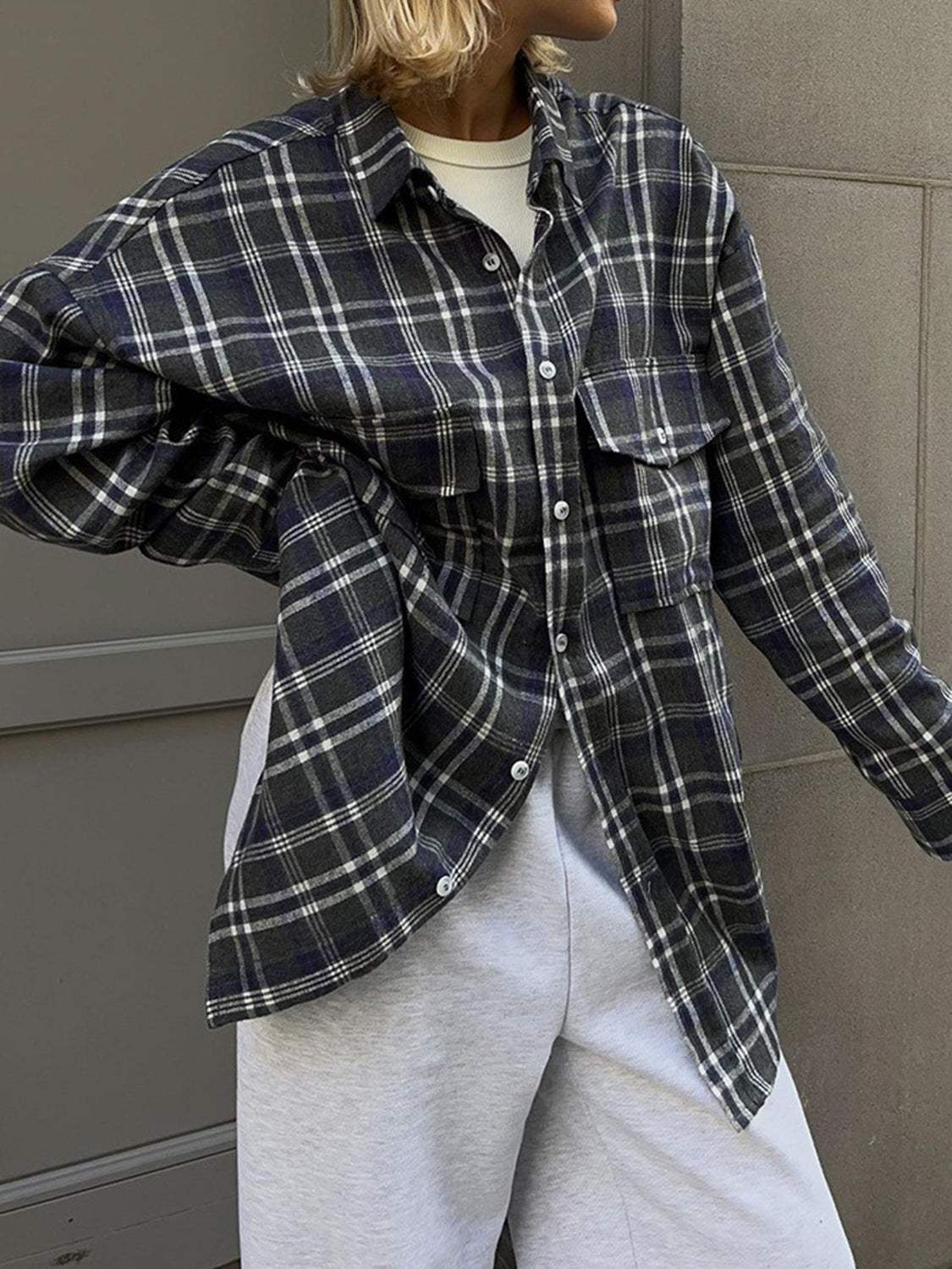 Pocketed Plaid Button Up Shacket - Trendsi - Flyclothing LLC