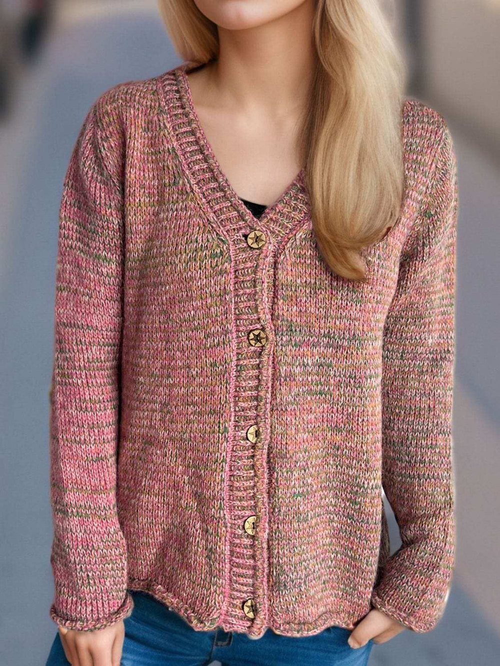 Heathered V-Neck Long Sleeve Cardigan - Trendsi - Flyclothing LLC