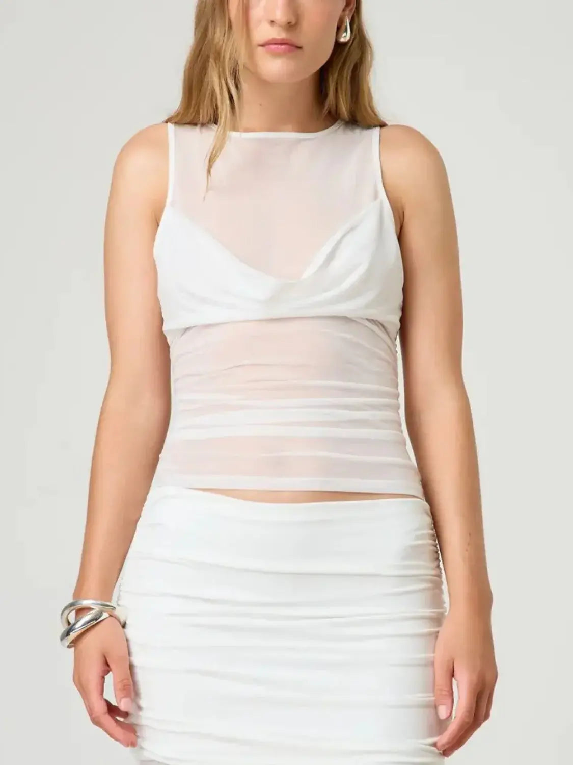 Ruched Round Neck Tank - Trendsi - Flyclothing LLC