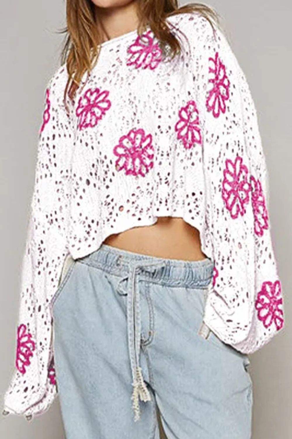 Openwork Round Neck Long Sleeve Knit Top - Trendsi - Flyclothing LLC
