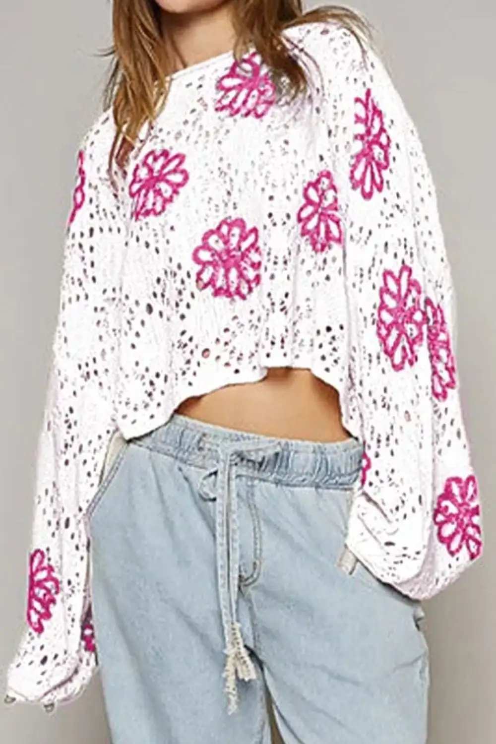 Openwork Round Neck Long Sleeve Knit Top - Trendsi - Flyclothing LLC