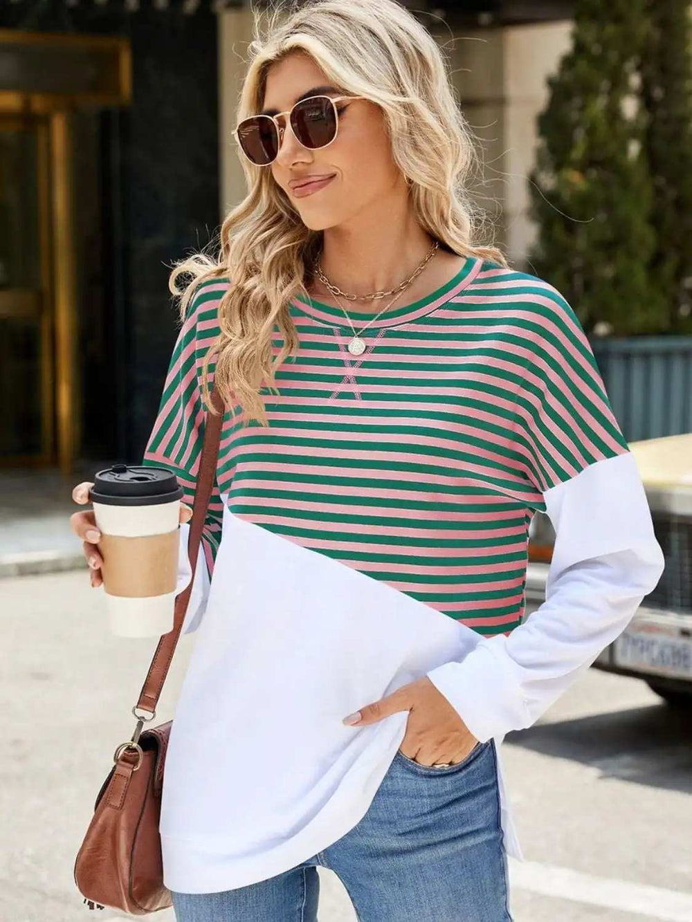 Slit Contrast Striped Long Sleeve Sweatshirt - Trendsi - Flyclothing LLC