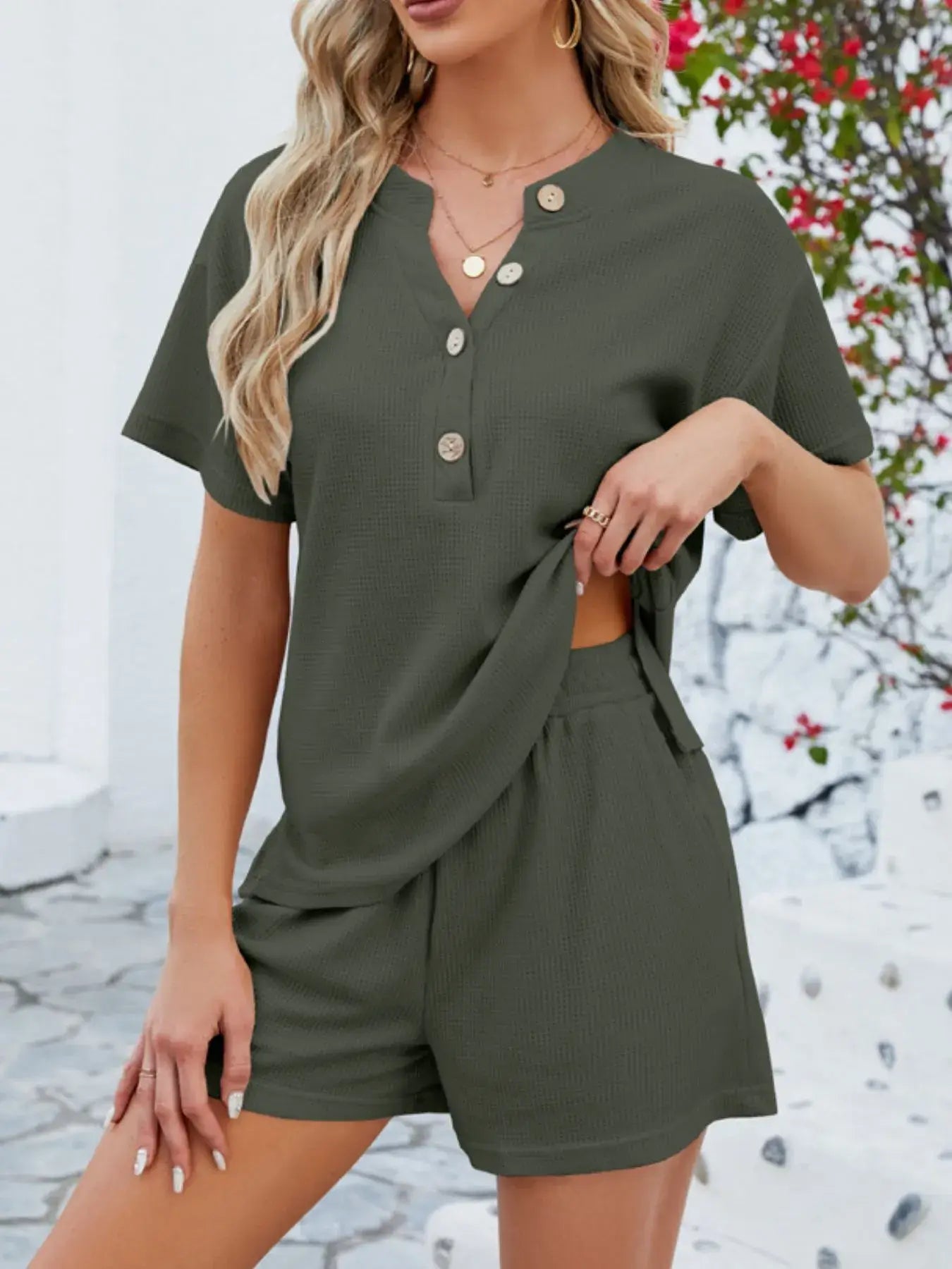 Casual Button Detail Ribbed Top and Shorts Two-Piece Set - Trendsi - Flyclothing LLC