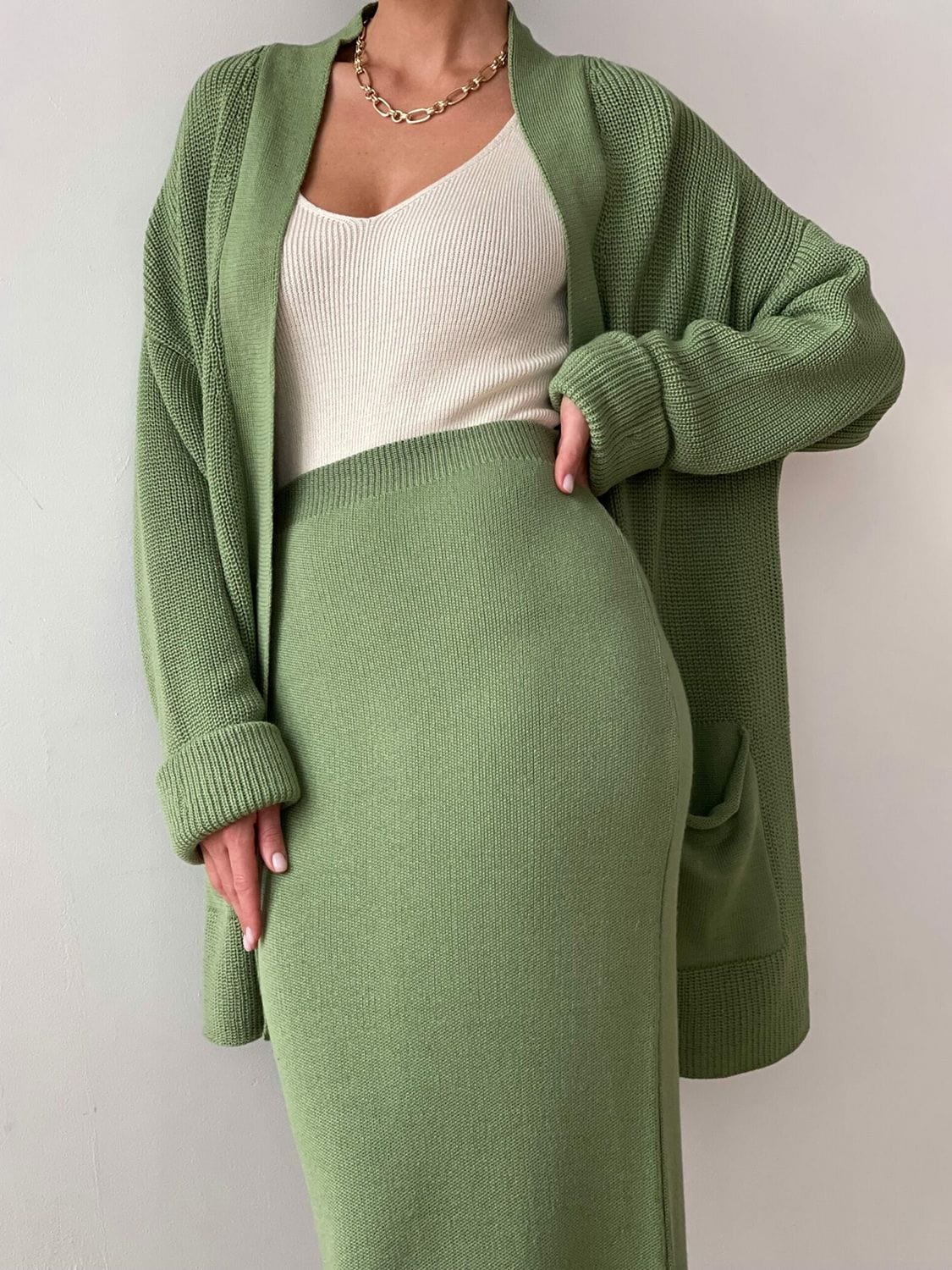 Pocketed Long Sleeve Cardigan and Skirt Sweater Set - Trendsi