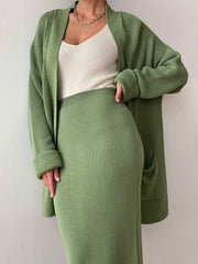 Pocketed Long Sleeve Cardigan and Skirt Sweater Set - Trendsi
