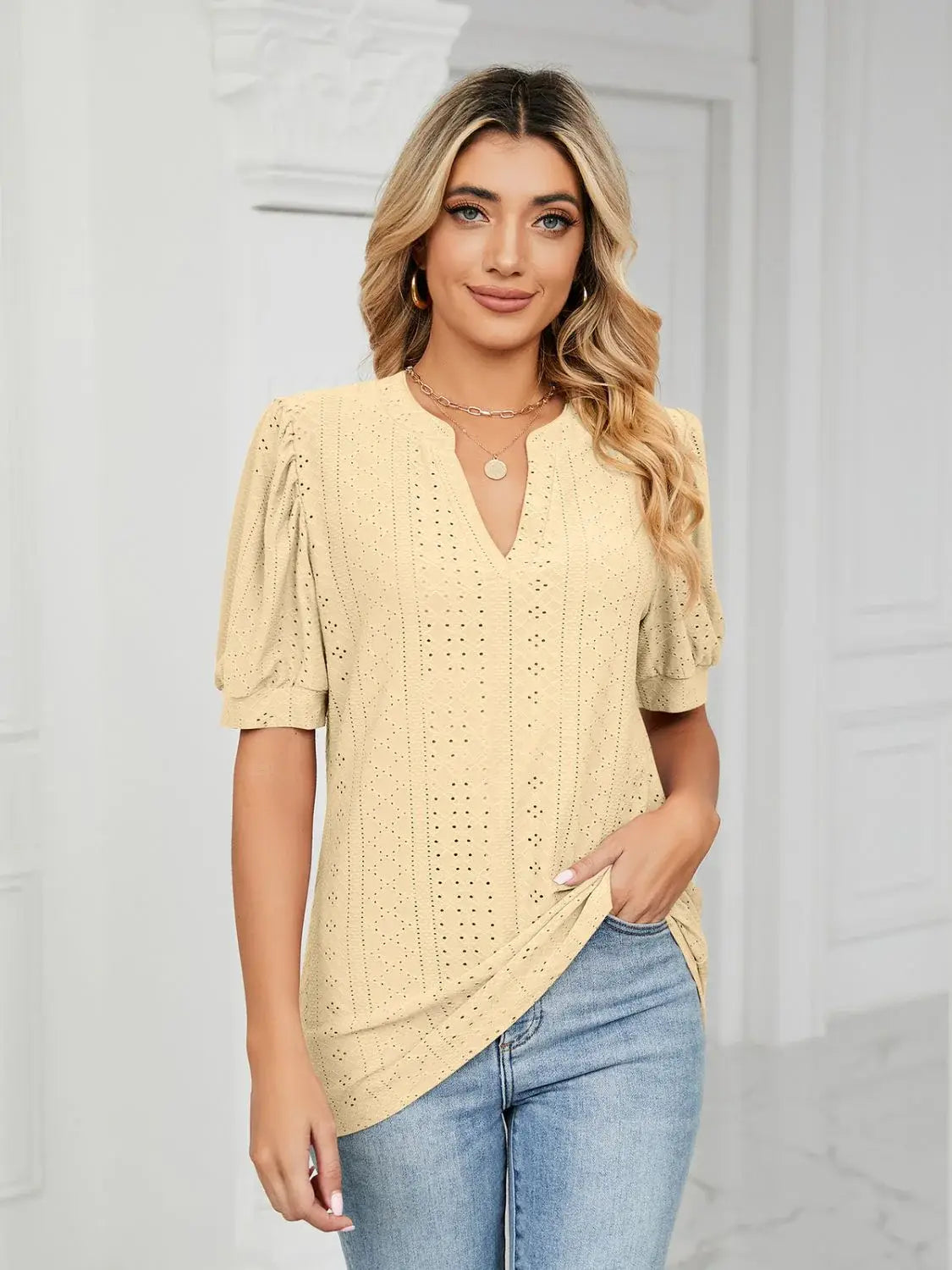 Florira Eyelet Notched Short Sleeve T-Shirt - Trendsi - Flyclothing LLC