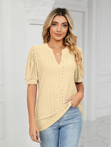 Florira Eyelet Notched Short Sleeve T-Shirt - Trendsi - Flyclothing LLC