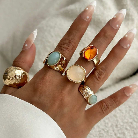 5-Piece 18K Gold-Plated Acrylic Stainless Steel Ring - Trendsi - Flyclothing LLC