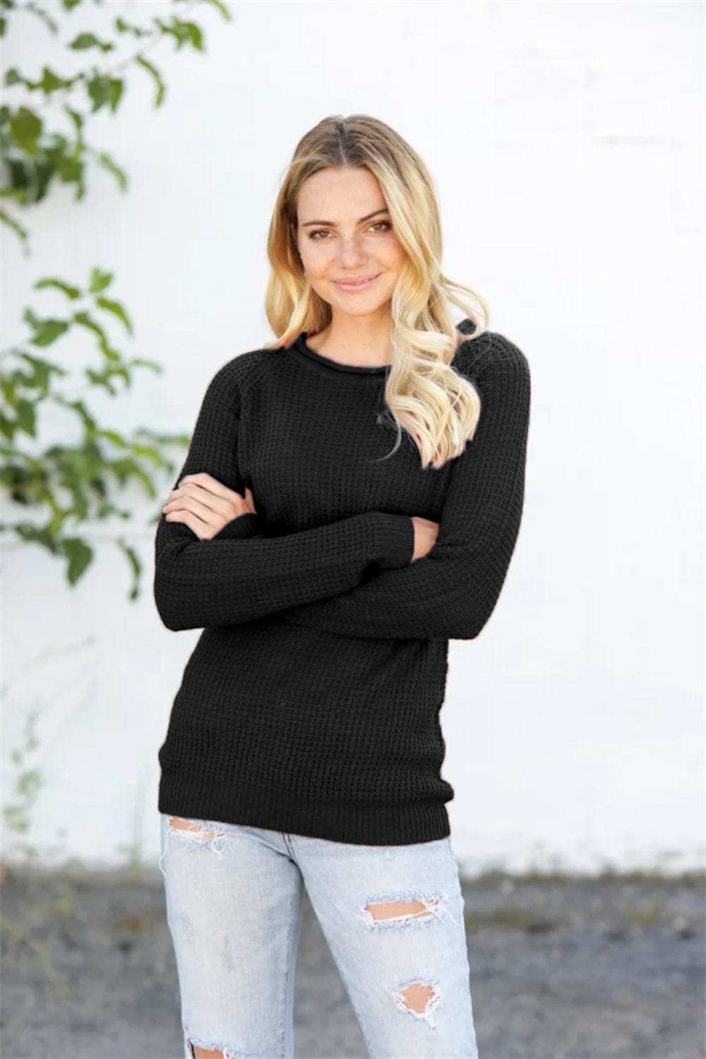 Round Neck Raglan Sleeve Sweater - Trendsi - Flyclothing LLC