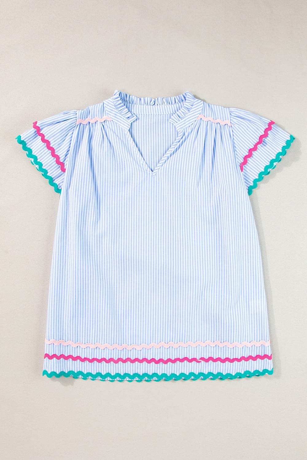 Striped Notched Short Sleeve Blouse - Trendsi - Flyclothing LLC