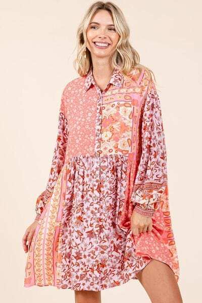 Mittoshop Floral Button Detail Long Sleeve Shirt Dress - Trendsi - Flyclothing LLC