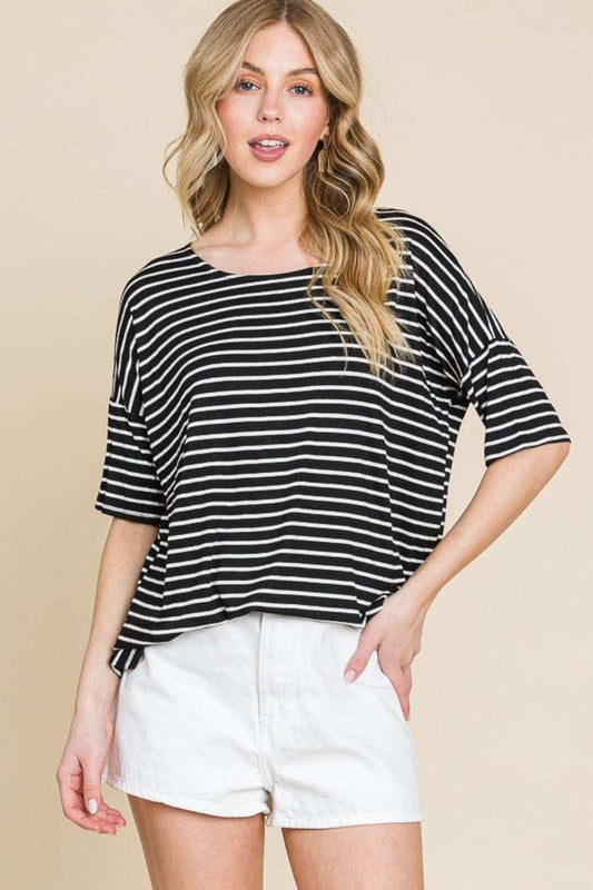 BOMBOM Striped Round Neck T-Shirt - Trendsi - Flyclothing LLC