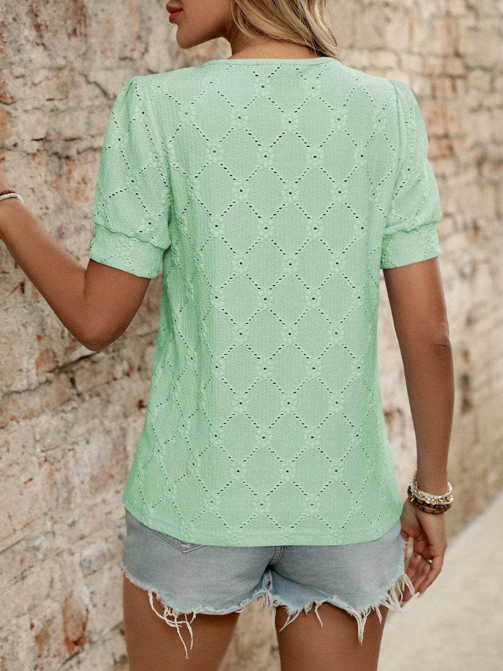 Eyelet Round Neck Short Sleeve Top - Trendsi - Flyclothing LLC