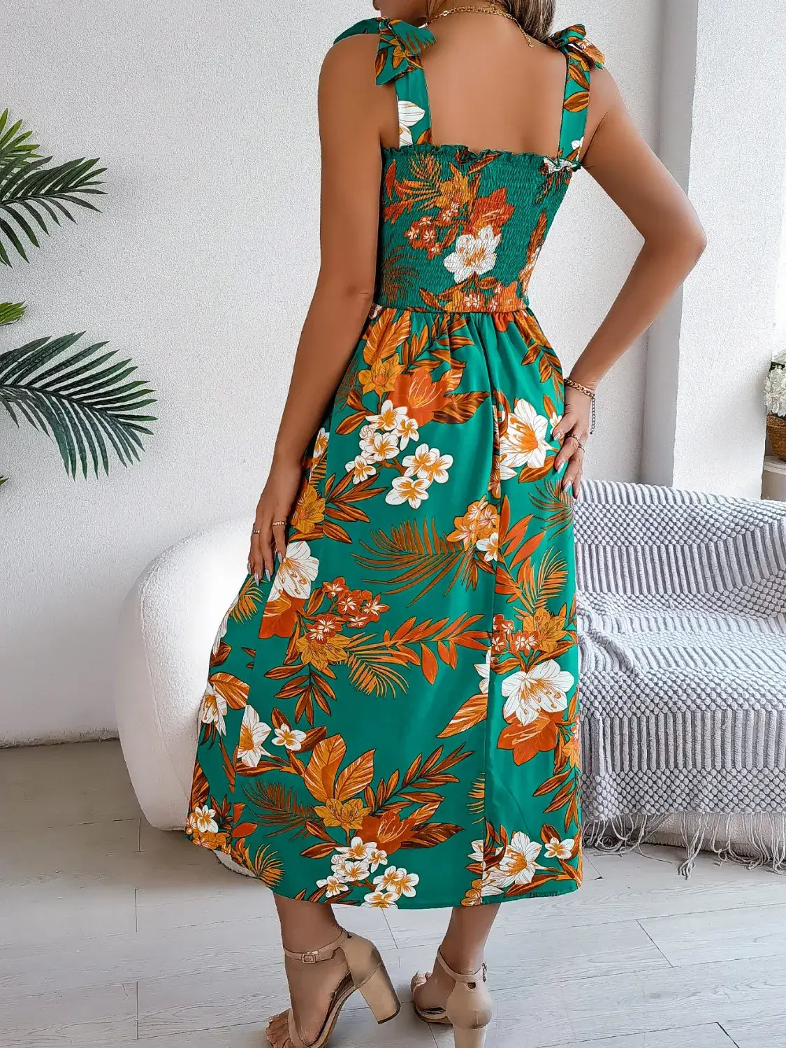 Smocked Floral Tie Shoulder Midi Dress - Trendsi - Flyclothing LLC
